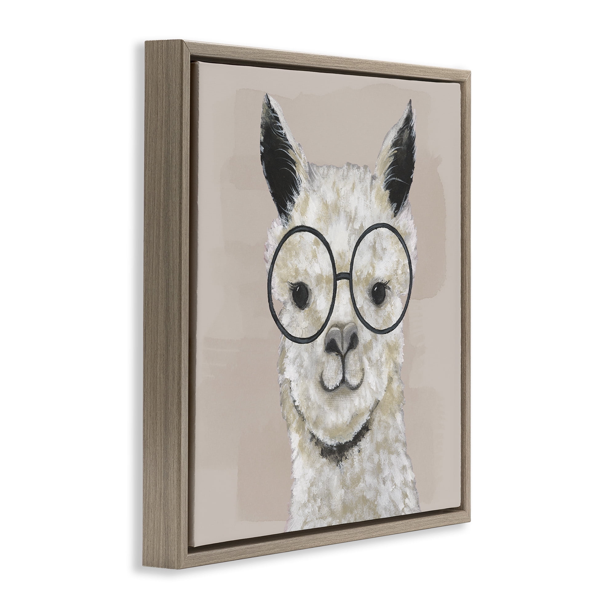 Stupell Industries Happy Alpaca Glasses Portrait Animals & Insects Painting Brown Floater Framed Canvas Art Print Wall Art, 18 x 18