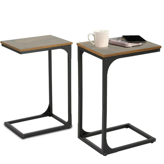 YRLLENSDAN C Shaped End Table Set of 2, Small Wood Side Table for Small Spaces, Couch Table with Metal Frame and Adjustable Feet, Brown
