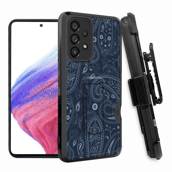 ANJ  Rugged Shockproof Hoster Case w/Card Slot, Kickstand   Tempered Glass Cover for Samsung Galaxy A33 5G - Dark Blue Paisley