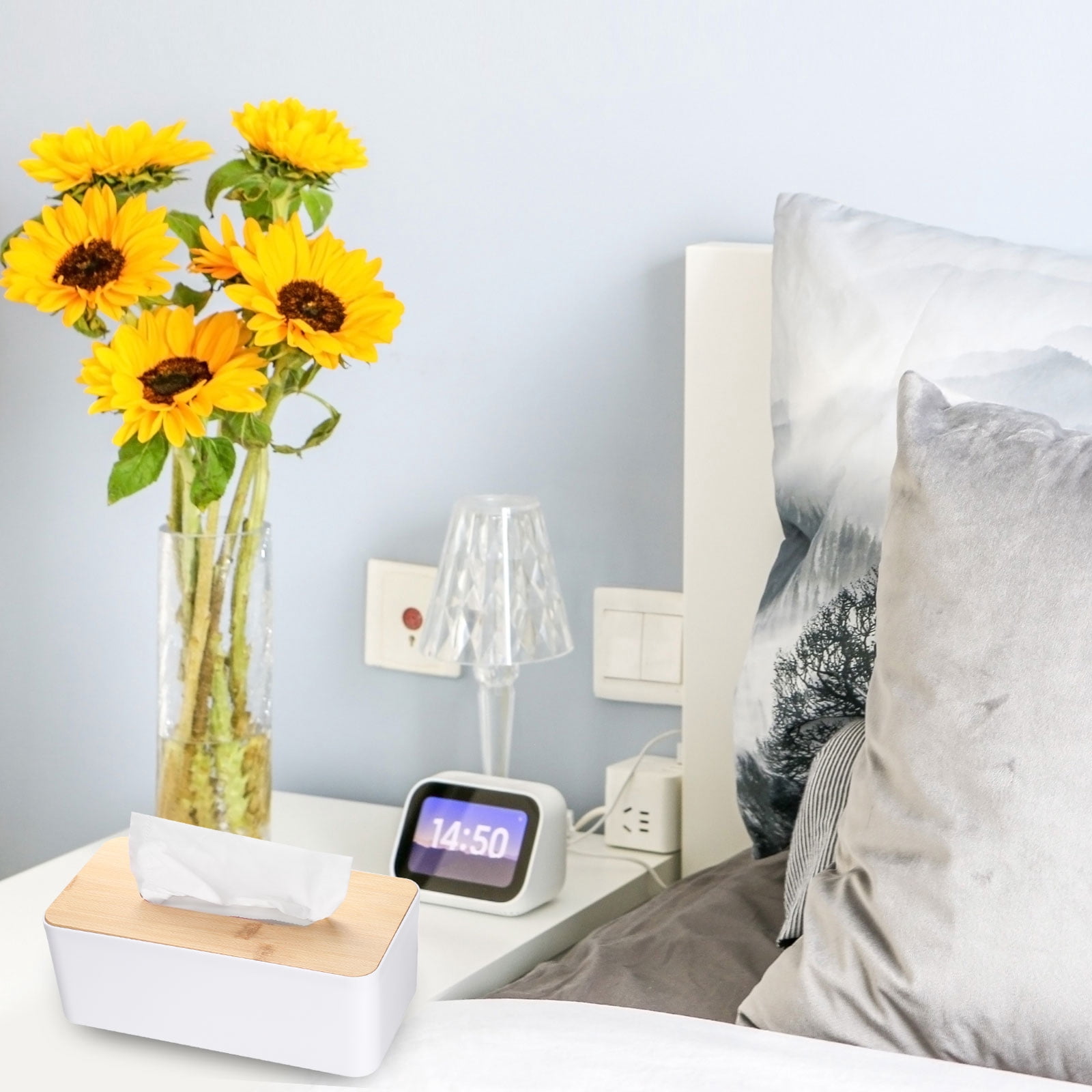 Unique Bargains Tissue Box Cover Bamboo Lid Square Holder Home Office White