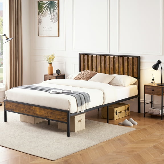 Metal Bed Frame with Wood Headboard, Platform Bed with 14 Heavy Duty Steel Slats, Twin Size