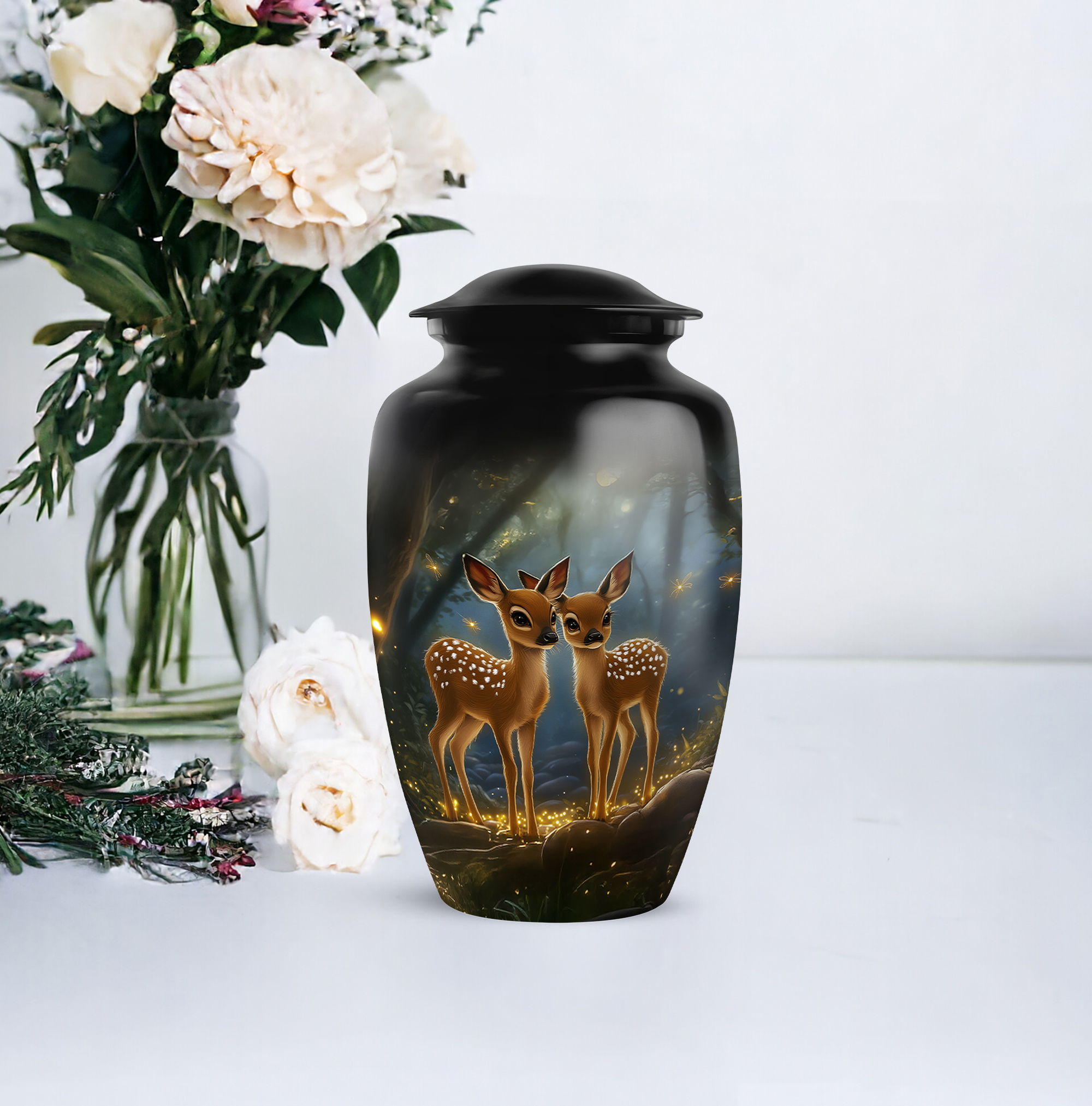 MUKTIVE Deer Memorial Urns for Adult Male - Large Black Funeral Urns for Human Ashes Adult Female - Cremation Urn for Mom & Dad - Handcrafted Burial Urn for Humans - 10 Inch