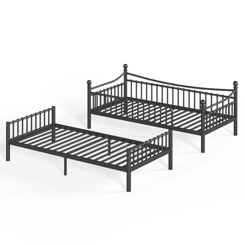 Twin XL over Twin XL Metal Bunk Bed with Curved Guardrail, Round Tube Bedpost Detachable Bed Frame for Kids, Teens & Adults