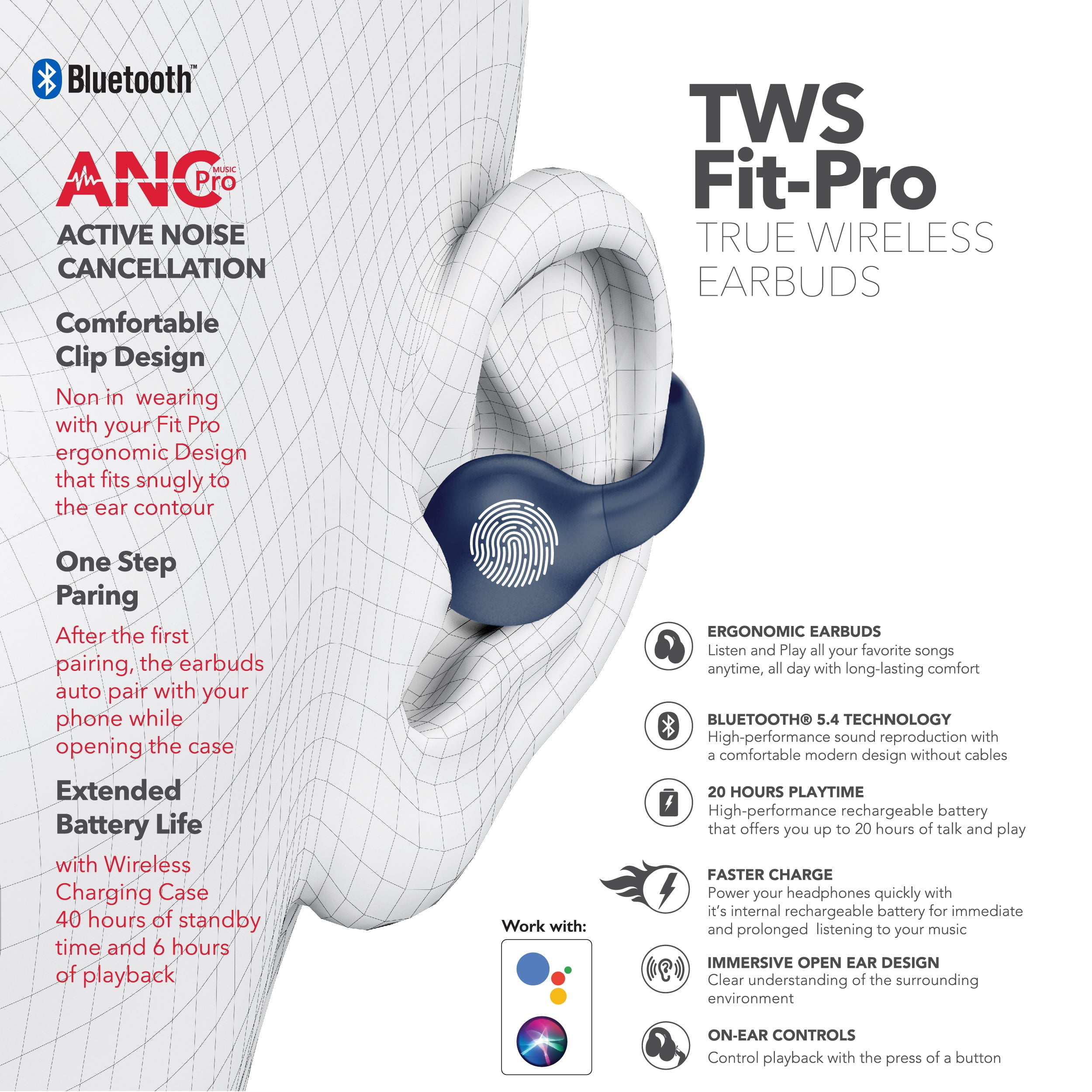 RCA Wave-66 True Wireless Earbuds, Bluetooth, 20H Playtime, Blue