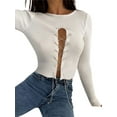 thumbnail image 2 of Qiylii Women's Ribbed Knit Tops, Long Sleeve Round Neck Solid Color Metal Chain Front T-Shirts, 2 of 7