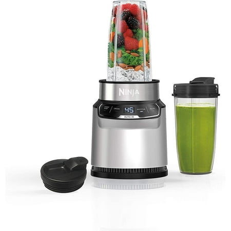 Ninja BN401 Nutri Pro Compact Personal Blender, Auto-iQ Technology, 1100-Peak-Watts, for Frozen Drinks, Smoothies, Sauces & More, with (2) 24-oz. To-Go Cups & Spout Lids, Cloud (Silver) - New