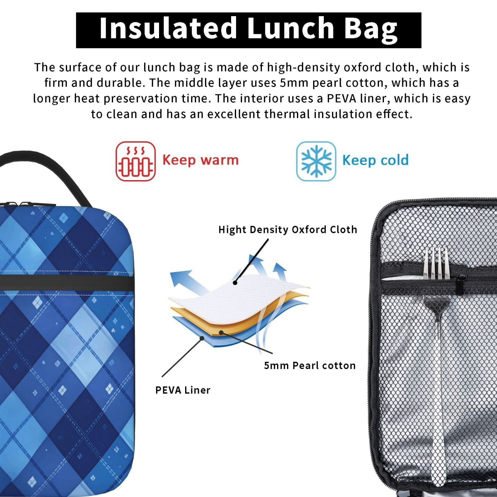 Lunch Bag For Women Men Insulated Portable Lunch Box Bento Box Office Picnic Travel Cooler Bag Blueviolet Moroccan Buffalo Plaid Tartan Check Hand-Drawn Sketch_2
