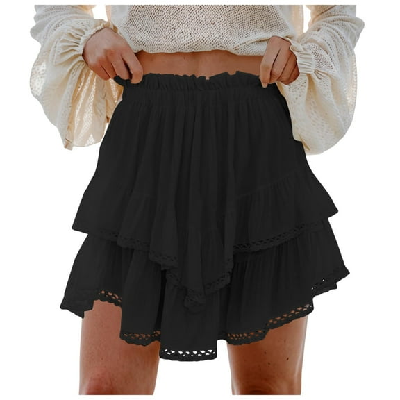 vigerkar Flowy Shorts for Women Casual Boho Ruffle Tiered Skorts High Waist Mini Skirts Golf Tennis Shorts Black, L