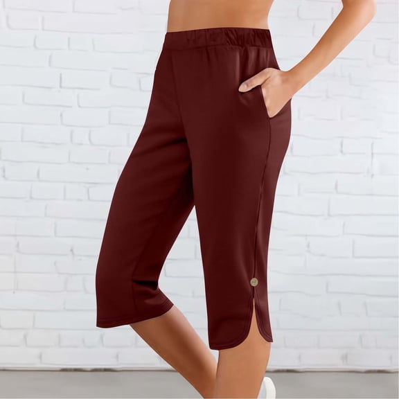 Mingw Slim Fit Capris Summmer Trousers Women Solid Color Elastic Waist Sports Casual Capris Pants With Side Pockets,Wine,XL