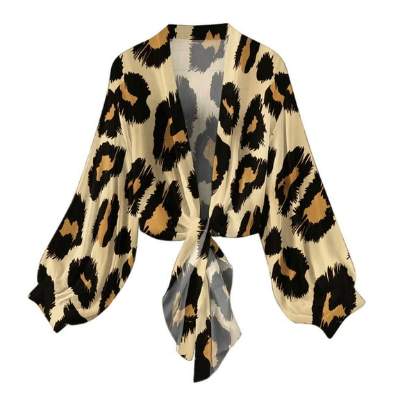 Womens Retro Chiffon Cardigans Tie Front Elegant Sheer Cardigan Cover Ups Lightweight Lantern Sleeve Shirt Tops Khaki, M