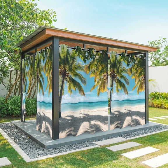 Tropical Beach Outdoor Curtains for Patio Waterproof, Scenery Palm Trees Ocean Sky Sand Beach Grommet Curtains for Porch Outside Privacy Drape for Gazebo Garden Pergola, 1 Panel, 54x84in