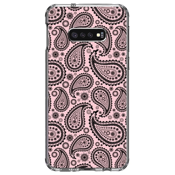 DistinctInk Clear Shockproof Hybrid Case for Samsung Galaxy S10e (5.8" Screen) - TPU Bumper, Acrylic Back, Tempered Glass Screen Protector - Black & Pink Paisley