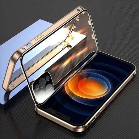 Magnetic Case for iPhone 16 Pro Max,Magnetic Adsorption Shockproof Aluminum Bumper Double Sided Clear Tempered Glass with Lens Protector No Fingerprint Unlock Cover,Gold