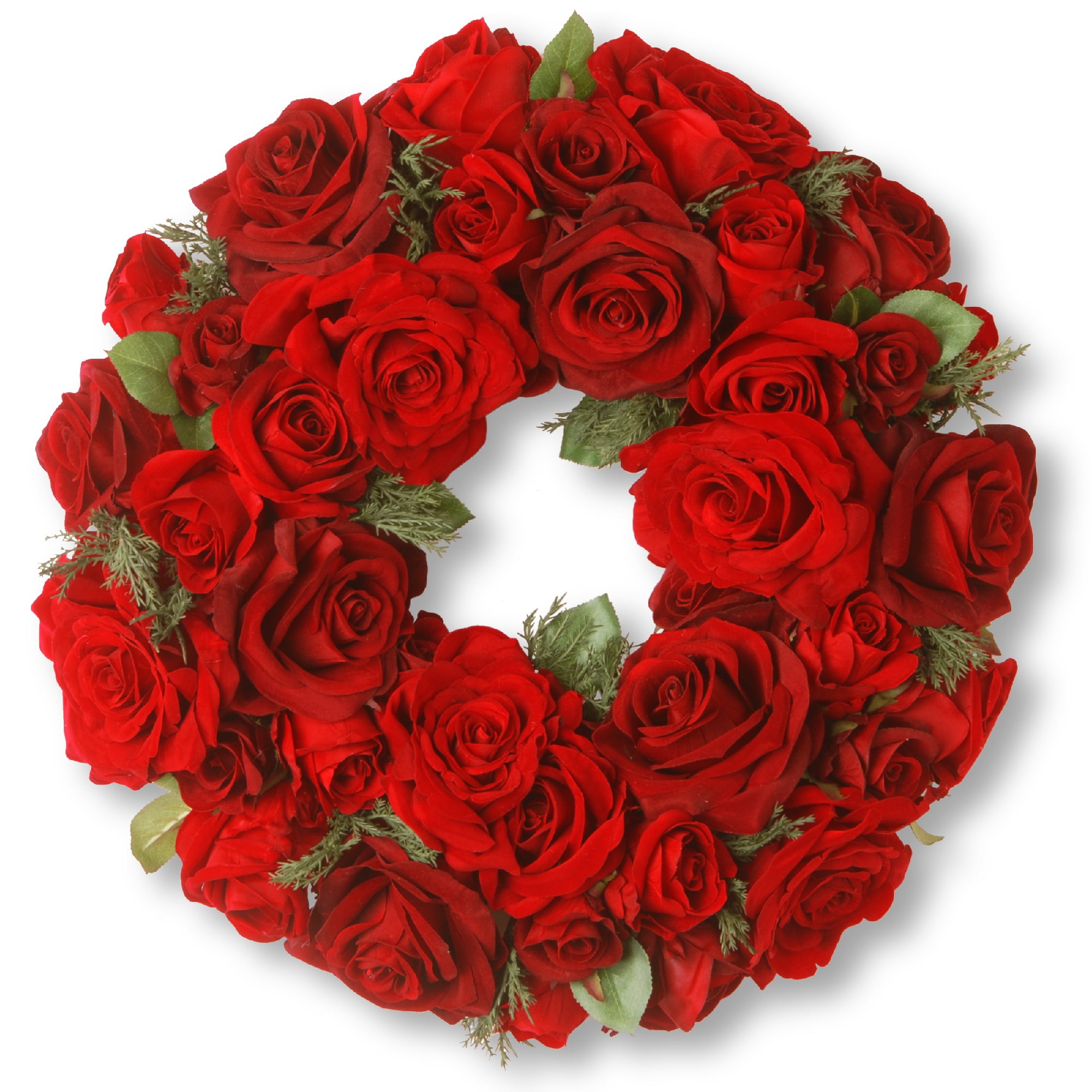 Velvet Red Rose Wreath15Inch, Unlit