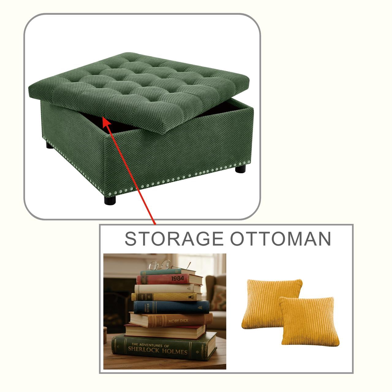 MOONMISS Square Storage Ottoman with Nailhead Trim , Upholstered Coffee Table for Bedroom Storage, Living Room Accent,Green