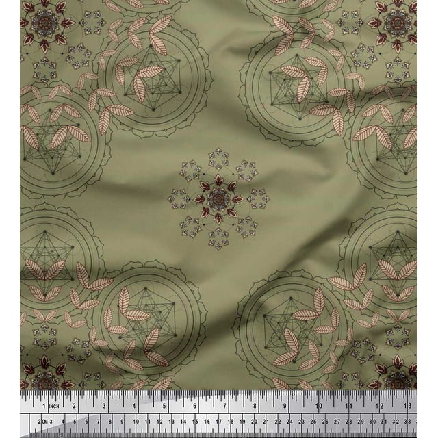 Soimoi Silk Fabric Leaves & Sacred Geometry Geometric Decor Fabric Printed Yard 42 Inch Wide