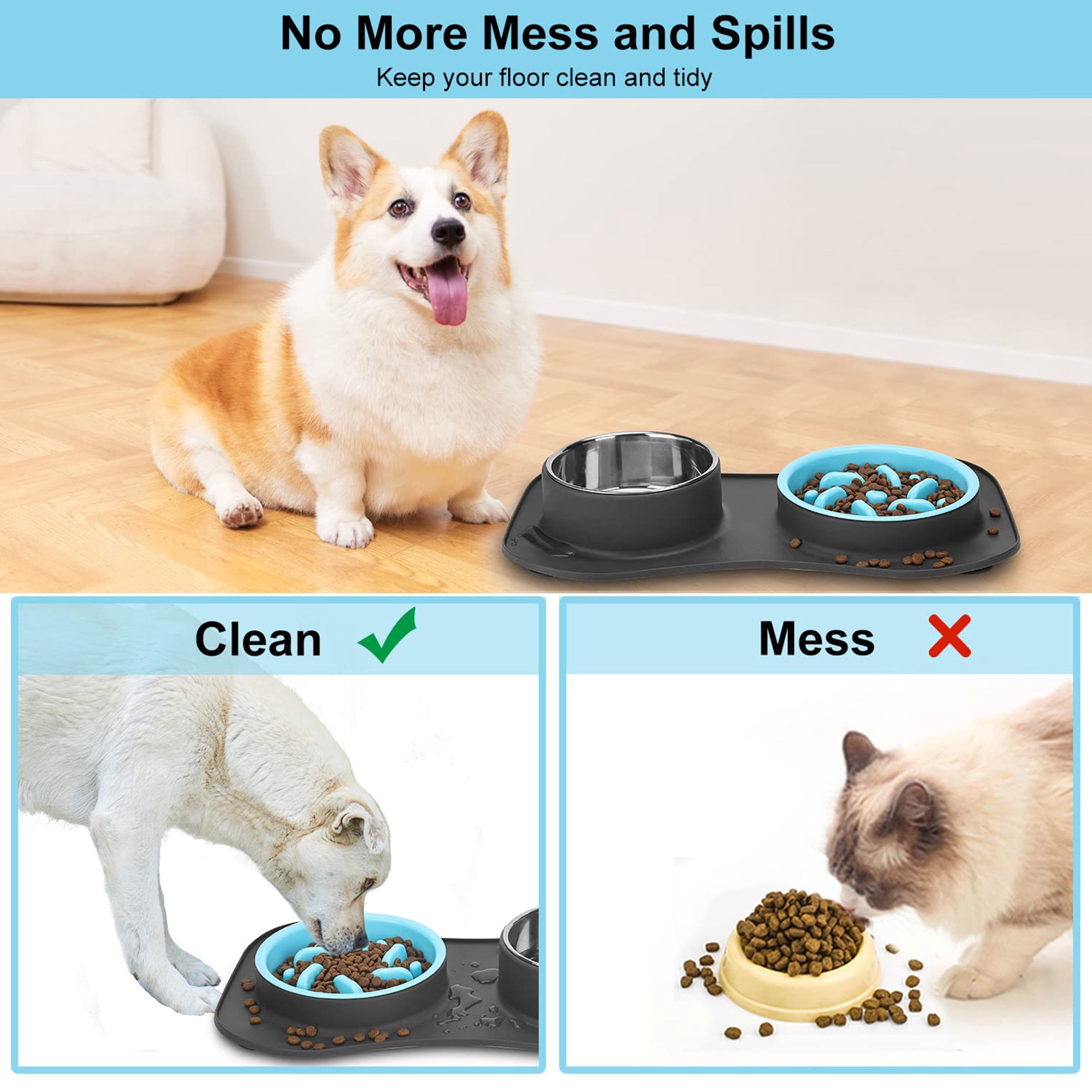 Slow Feeder Dog Bowl Set, 3 in 1 Stainless Steel and Water Bowls with Non Slip Silicone Mat, Slow Eating Solution for Large Medium Small Dogs and Cats to Preent Choking and Bloating, Black