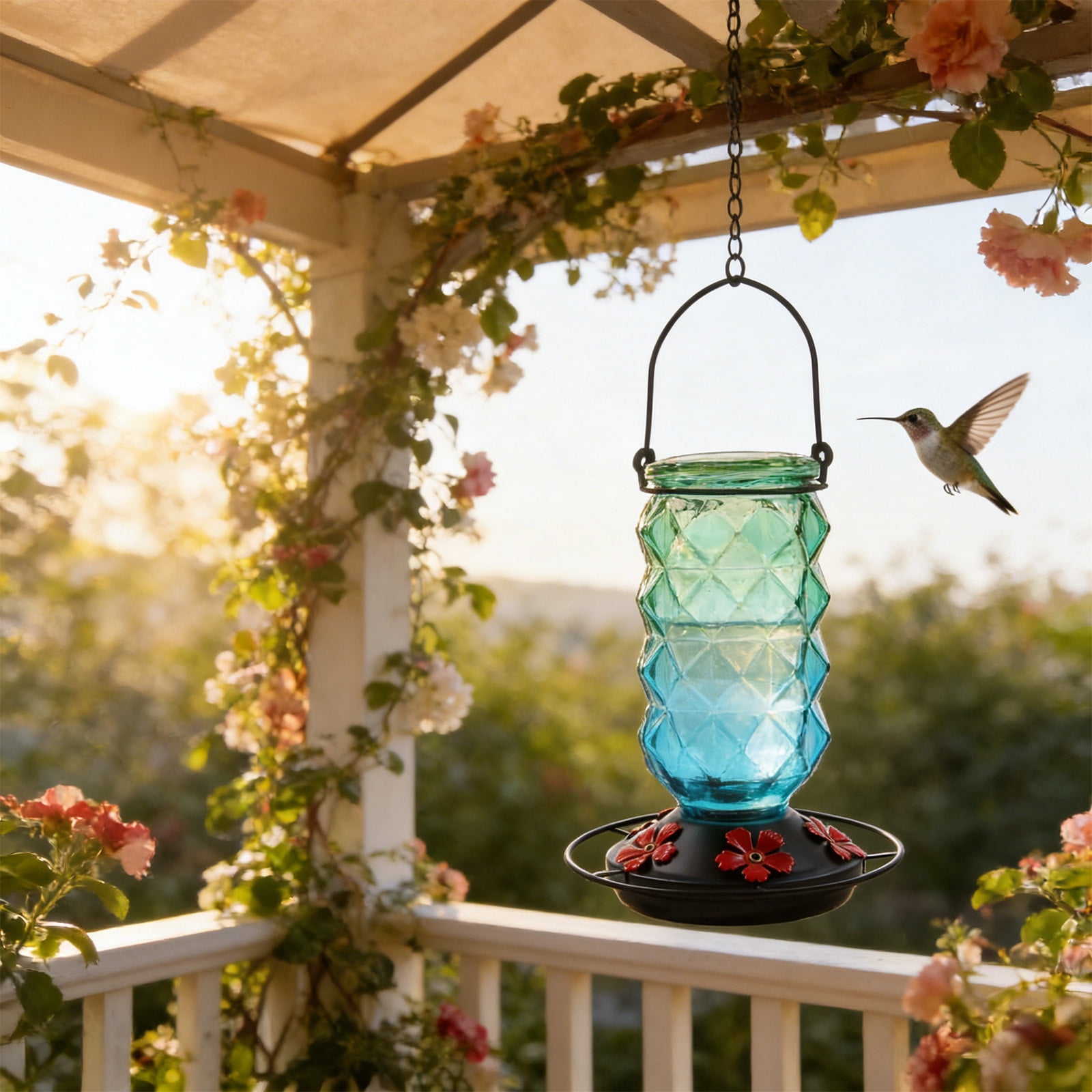 BZPIZ Hummingbird Feeders for Outdoors, Hanging Glass Bowl Hummingbird Feeder with Flower Shaped Feeding Ports, Bird Baths for Hummingbirds, Garden Patio Backyard Lawn Decor Green