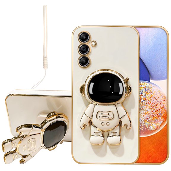 Annyojo for Samsung A14 5G Phone Case with 6D Astronaut Hidden Stand Holder Case Cover for Samsung Galaxy A14 5G Case with Lanyard Strap Soft Shockproof Cover - White