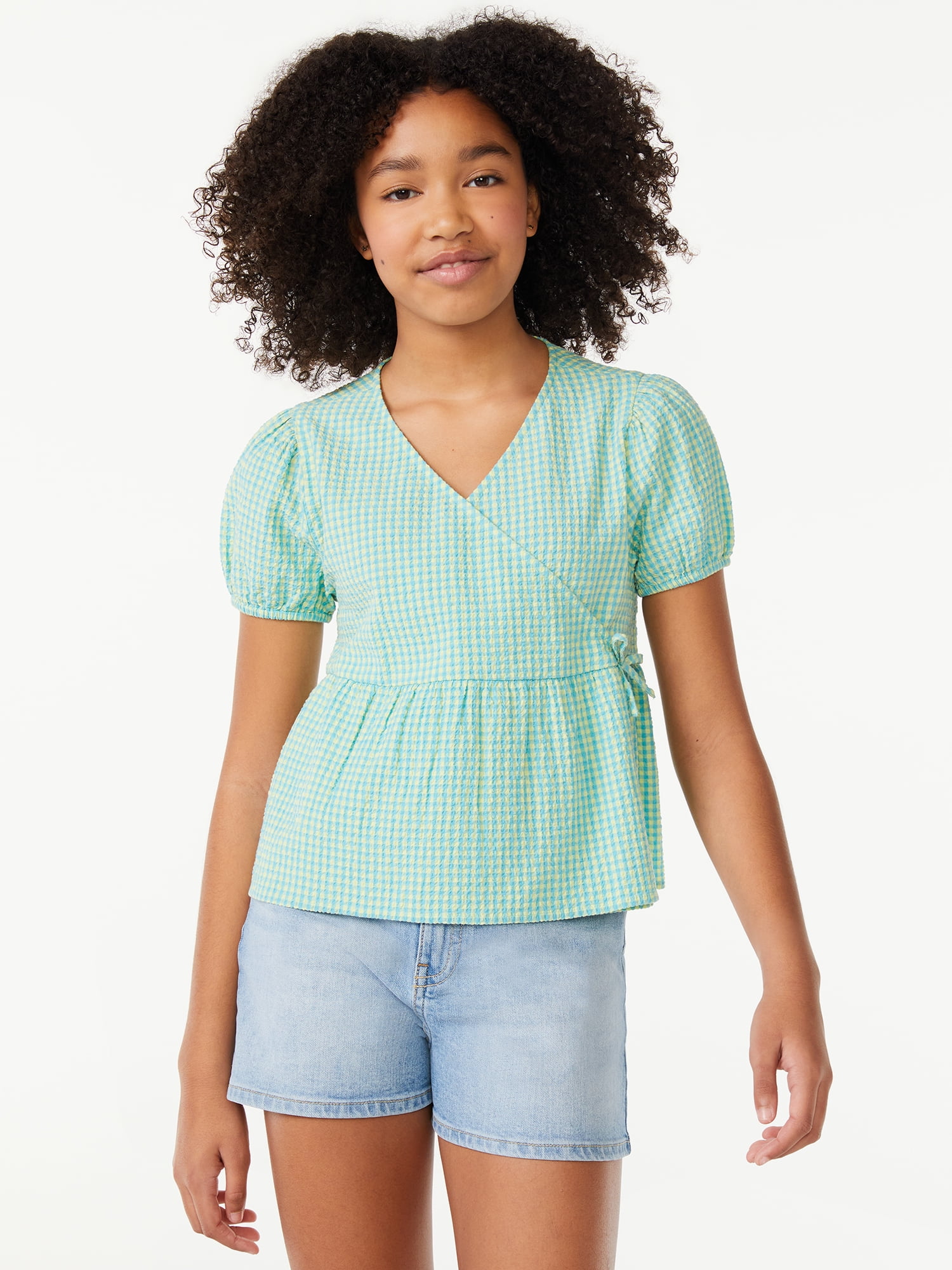 Free Assembly Girls Puff Sleeve Wrap Top, Sizes 4-18