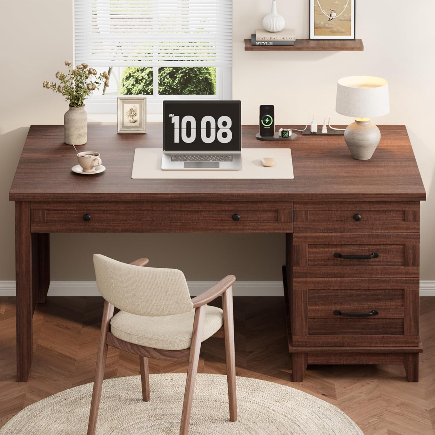 M optimized Wood Executive Desk with Power Outlet, Home Office Desk with Drawers, Work Desk with File Cabinet, Computer Desk for Work, Study, Writing
