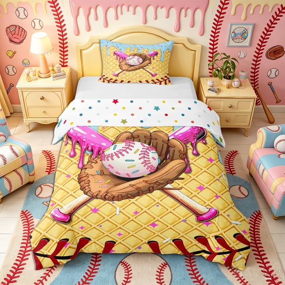 Castle Fairy Baseball Bat Glove Twin Duvet Cover, Blue Ice Cream Drip Twin Bedding, Brown Pink Yellow,2pcs,1 Duvet Cover and 1 Pillowcase