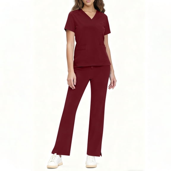 HOMBOM Womens Medical Scrubs Short Sleeve Set V Neck Scrub Top and Pant Red Modern Nursing Uniforms for Ladies