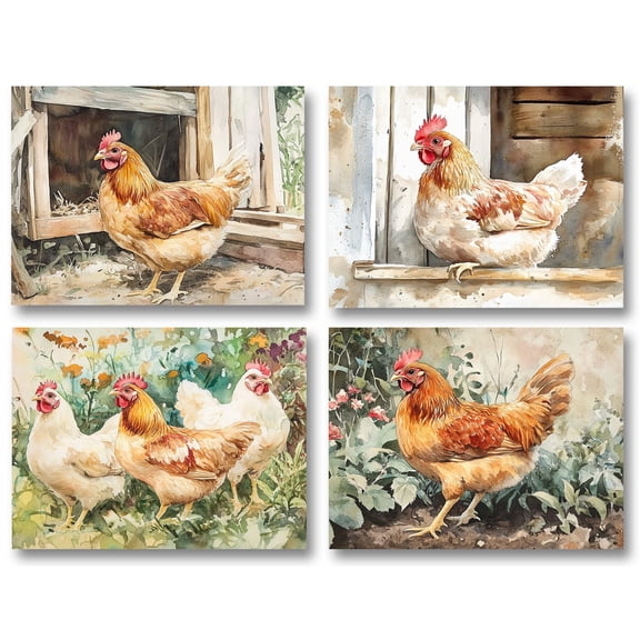 Small World Greetings Watercolor Chicken Note Cards 12 Count-Blank Inside with Envelopes-A2 Size 5.5" x 4.25"-Farmhouse Hen Art Stationery for All Occasions-Country Animal Designs–Rustic Farm-Themed