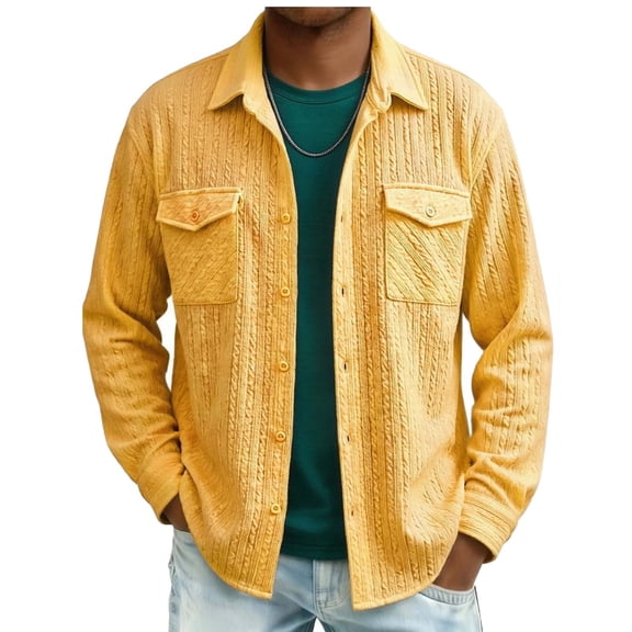 LEKWK Mens Long Sleeve Shirts Regular Fit Lapel Collar Dress Shirts Cable Knit Texture Pocket Casual Stylish Business Work Party Daily