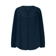 thumbnail image 5 of pstuiky Spring Tops for Women Cotton and Linen Gradient Print V-Neck Womens Linen Shirt Casual Loose Fit Long Sleeve Tie Front Basic Tees Navy L, 5 of 7