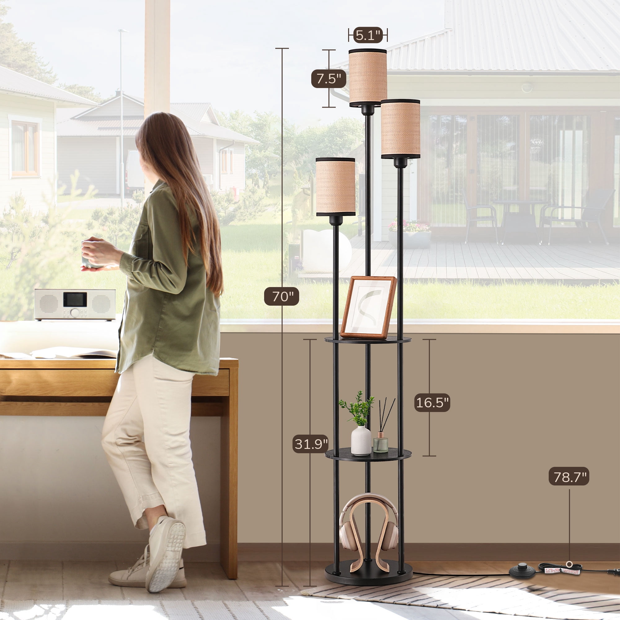 EDISHINE 70in Floor Lamps with Shelf for Living Room, Tall Standing Farmhouse Floor lamp, Heavy Duty 3 Lights