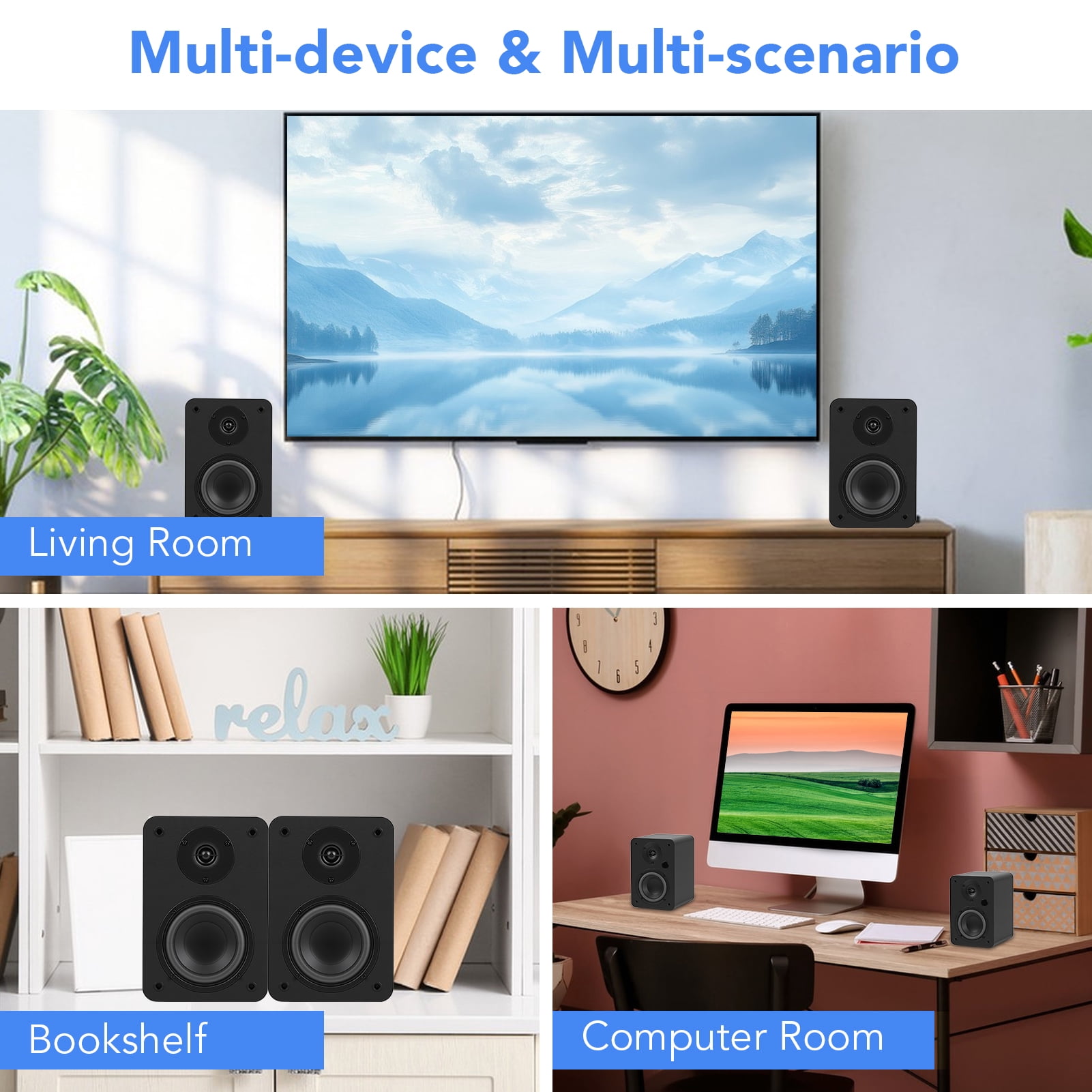 80W Active Bookshelf Speakers, Record Player Speakers with 4 Inch Woofer, Stereo Studio Monitor Speakers, Bass & Treble Adjust TV Speakers with USB/Optical/AUX Input for PC, Black