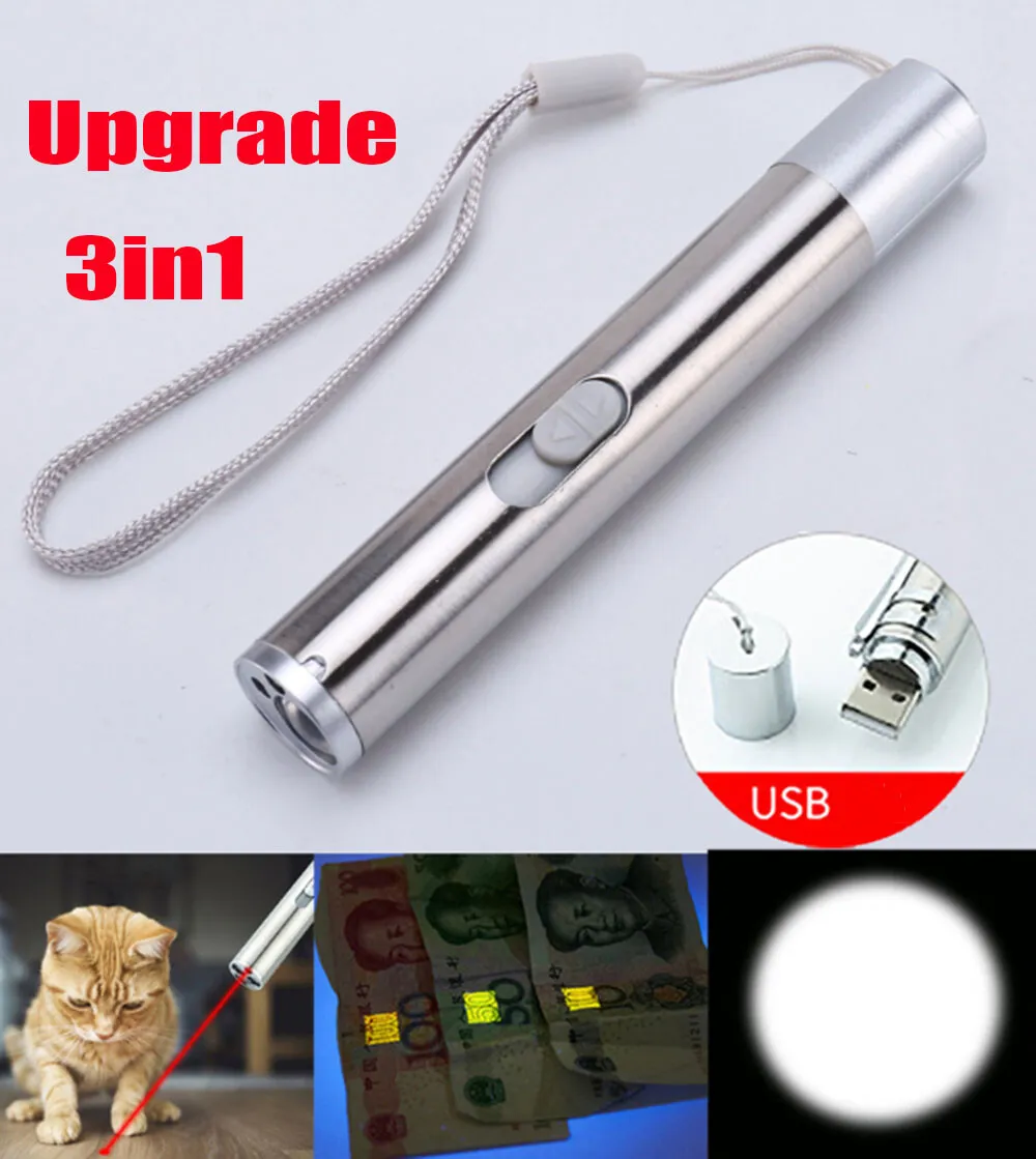 Red Laser Pointer Pen USB Rechargeable Lazer UV Light Flashlight Cat Dog Pet Toy Funny Toy
