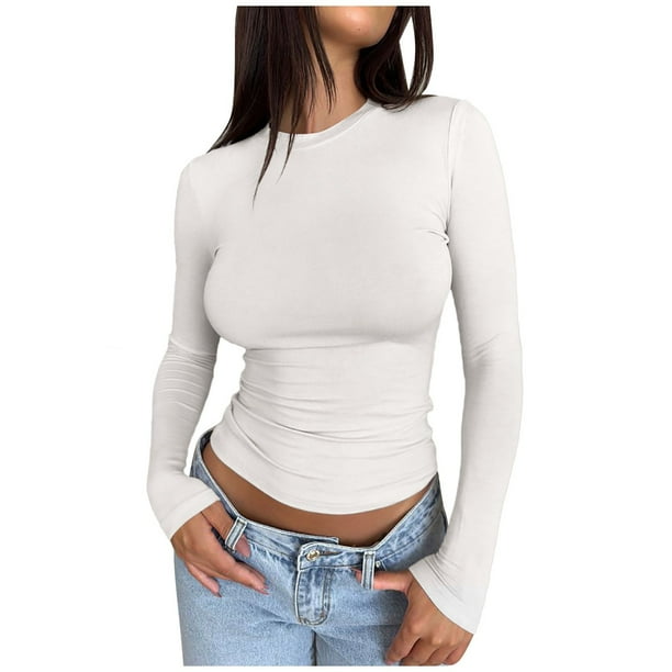 Camiseta corta de manga larga y corte ajustado para mujer: camiseta lisa de cuello redondo, camiseta básica para yoga y entrenamiento, ideal para llevar en otoño