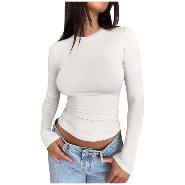 Camiseta corta de manga larga y corte ajustado para mujer: camiseta lisa de cuello redondo, camiseta básica para yoga y entrenamiento, ideal para llevar en otoño