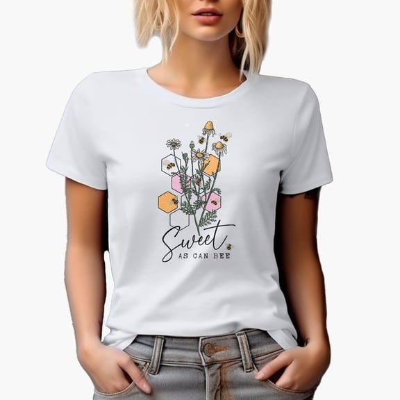 Distressed Sweet As Can Be Quote - Honeycomb Cells, Bees & Flowers Art Merch Gift, White T-Shirt, Small