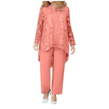 USOCUTE Womens Wedding Chiffon Pant Suit Elegant Lace 2 Piece Set Mother of Bride Wear Pink 5XL