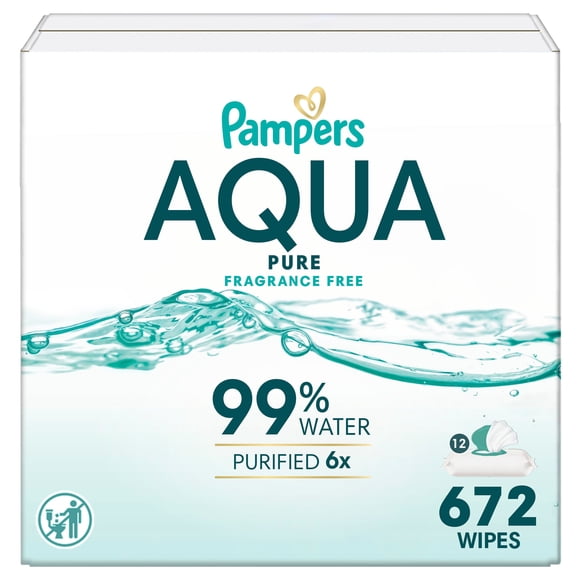 Lingettes pour bébés Pampers Aqua Pure, 99 % d’eau, sans parfum, non parfumées, à base d’eau, lingettes pour bébés à usage multiple, total de 672 lingettes pour bébés (12X emballages rabattables)