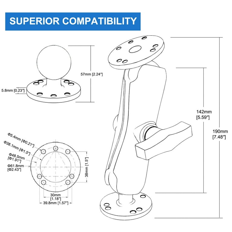 VINmounts C-Size 1.5" Ball Mount & Clamp - Tool-Less Mount For Bars 1.02" To 2.08" Diameter