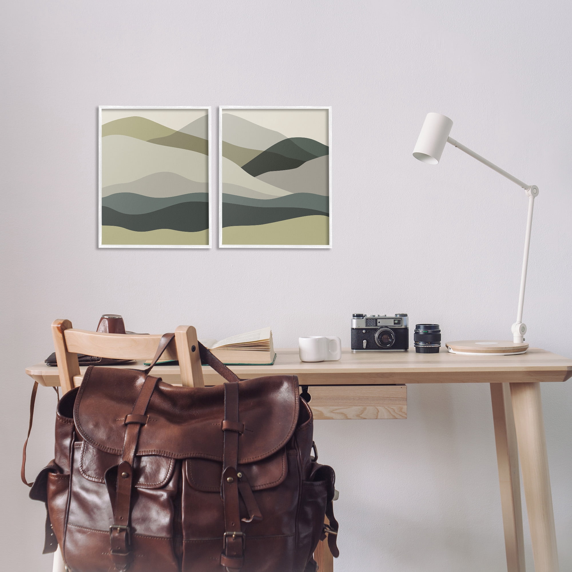 Stupell Industries Modern Green Mountains Landscape Painting White Framed Art Print Wall Art, 11 x 14, Set of 2