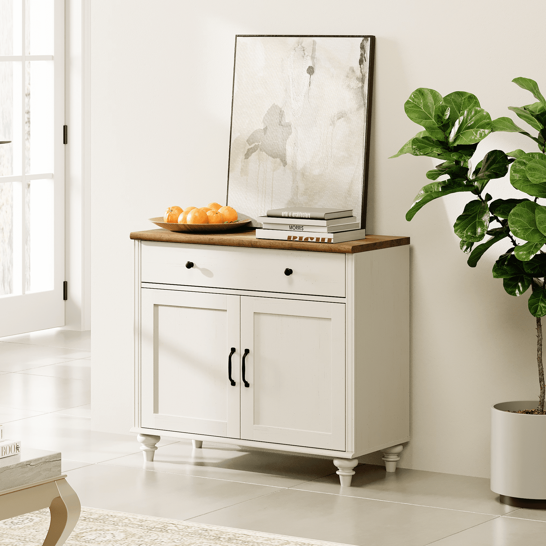 WAMPAT Farmhouse White TV Stand for 43 inch TV with 2 Doors and Wooden Drawer, Wood Universal TV Stands with Storage Cabinets, Entertainment Center TV Console Table for Living Room, Bedroom