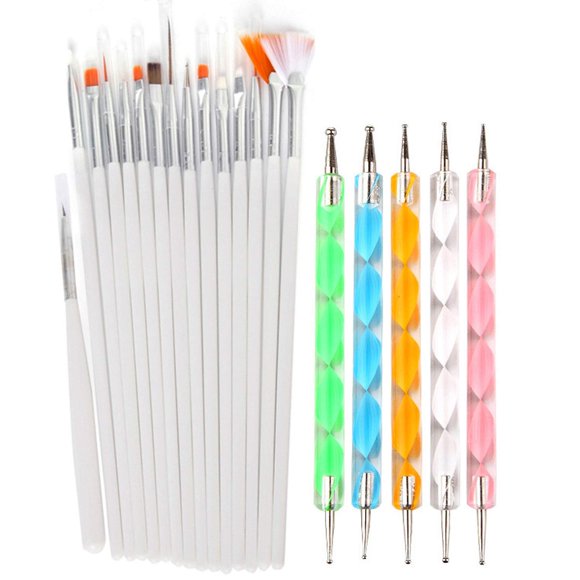 20pc Nail Art Painting Brush Pen Tools Kit UV Gel Building Drawing Linering Brushes Set Mandala Nail Dotting Pens (White)