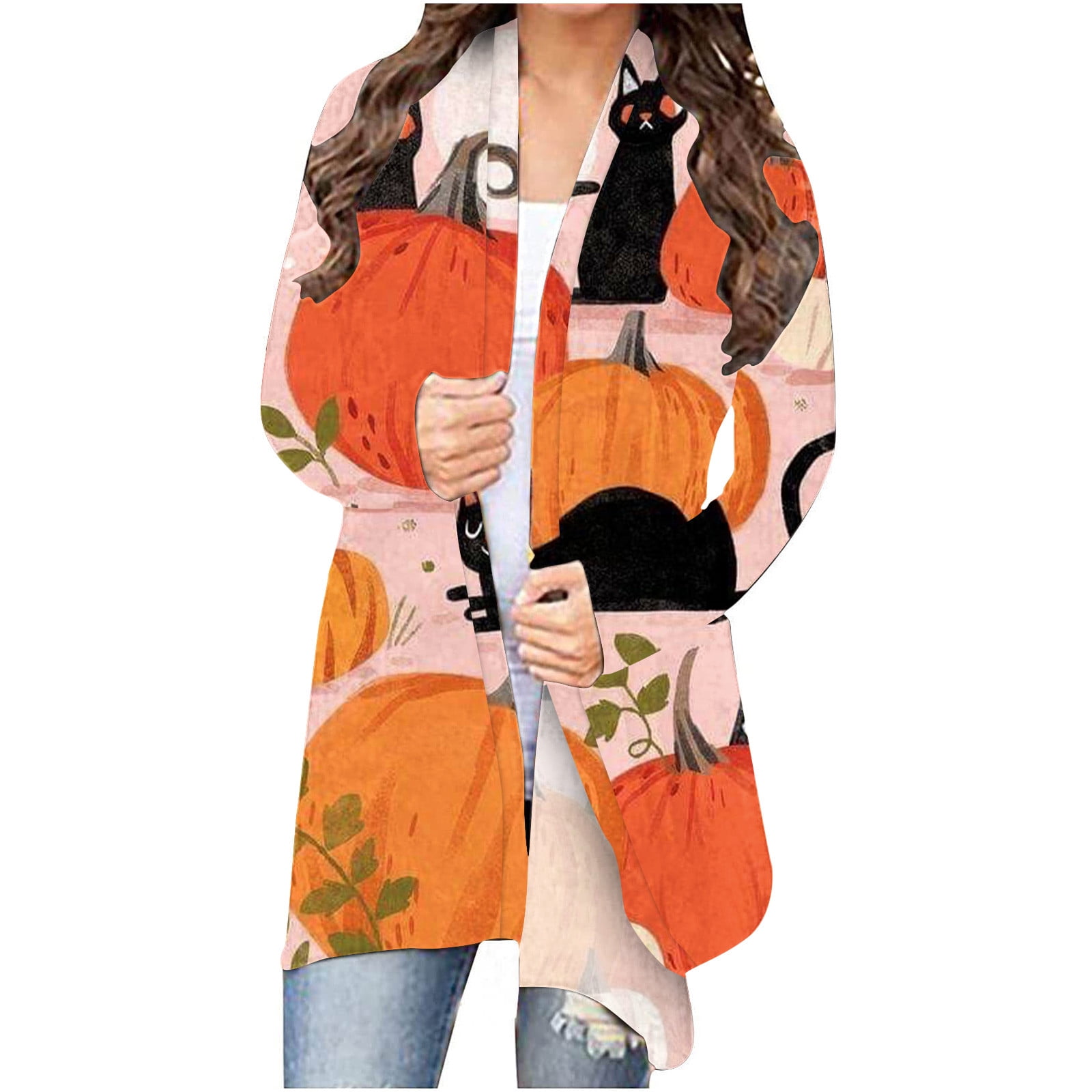 Halloween Cardigan Sweatshirts for Women,Womens Funny Ghost Pumpkin Print Open Front Hoodies Lightweight Coat 