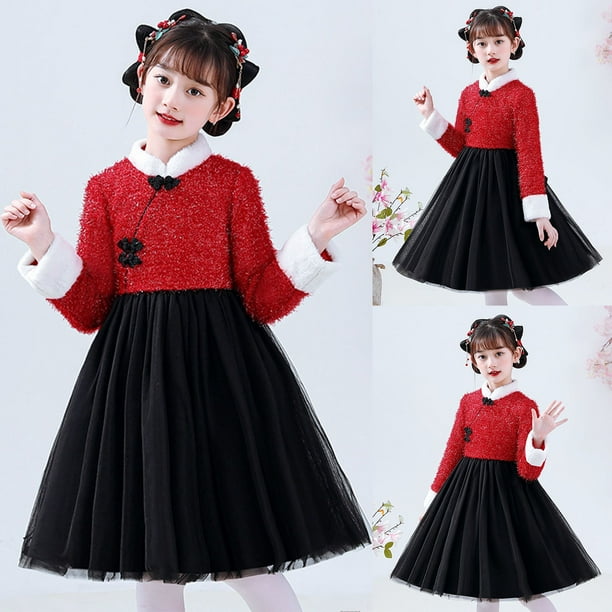 Toddler Girls Dresses Child New Year Party Tulle Pageant Chinese Princess Dresses Festival Party Tang Suit Warm Dresses Clothes for Girls Size 2 3T