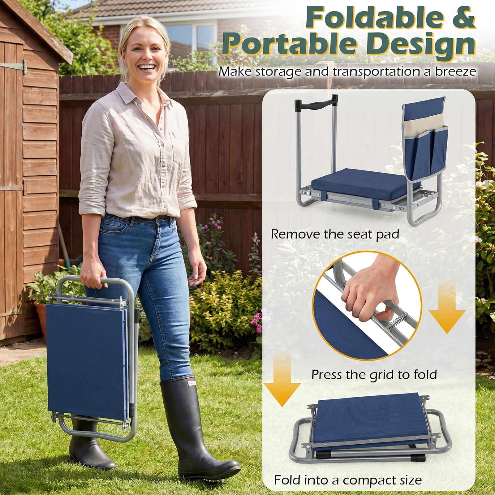 Costway Foldable Garden Kneeler and Seat, 2-in-1 Gardening Bench, Detachable EVA Foam Pad Navy Blue