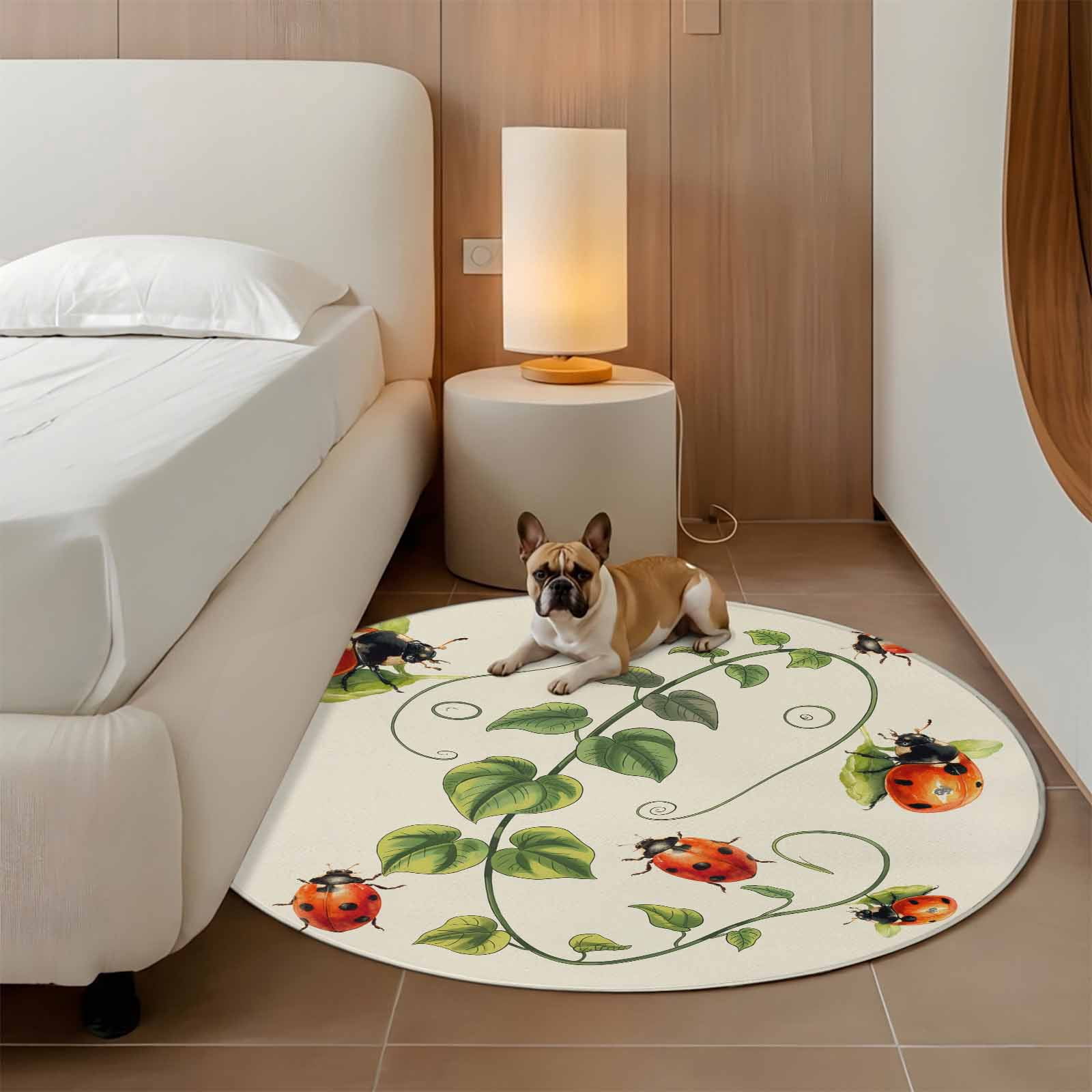 Ladybugs Eucalyptus Round Area Rug 5Ft Washable Circle Rugs for Living Room Bedroom, Spring Botanical Leaves Green Non-Slip Carpet Floor Mats Indoor Outdoor Carpet Runner Aesthetic Home Decor
