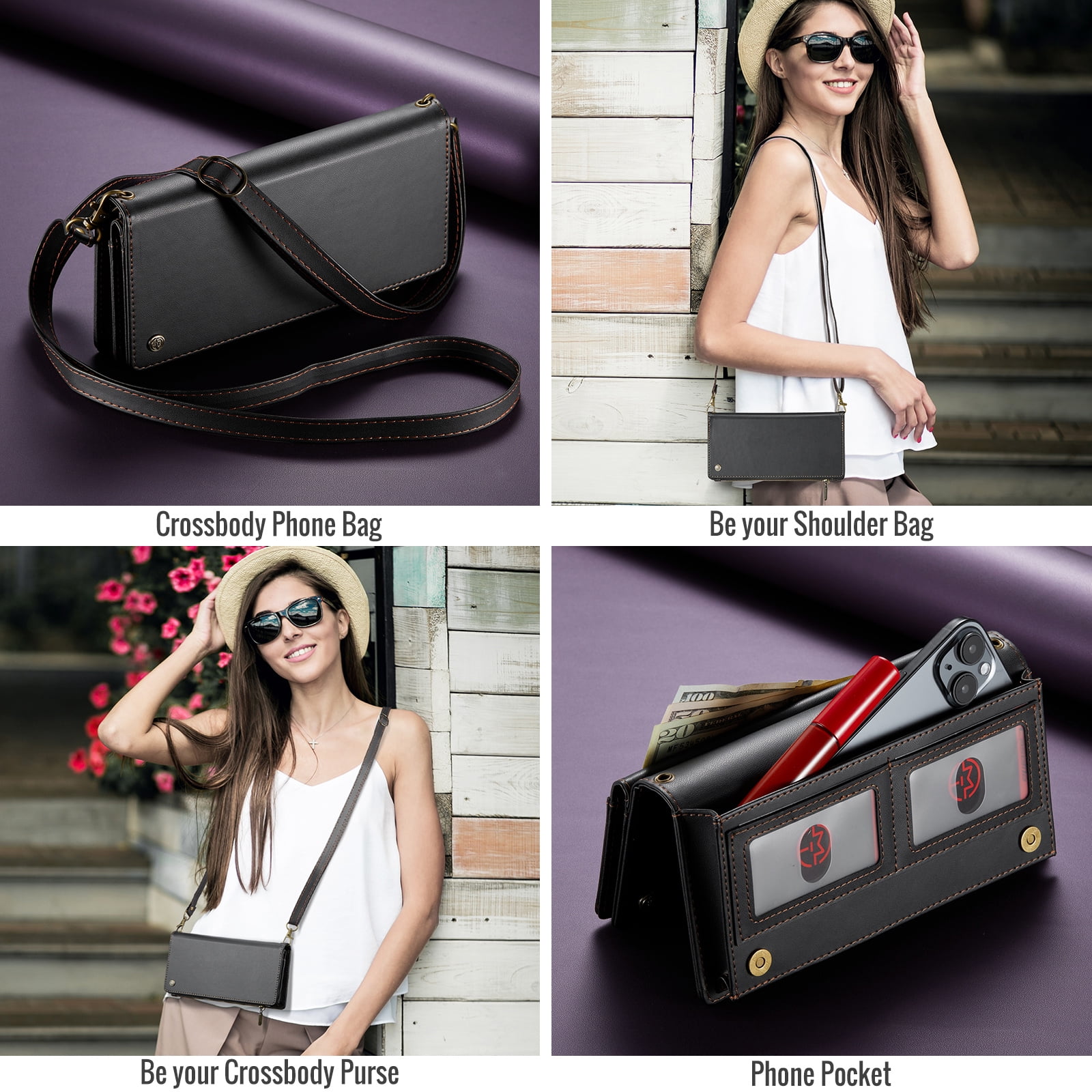 ELEHOLD Phone Bag Wallets for Women Girls,Luxury PU Leather Wallet Bag Crossbody Handbag with Phone Pocket Zipper Pocket Large Capacity Credit Card Holders Wriststrap Shoulder Strap,Black