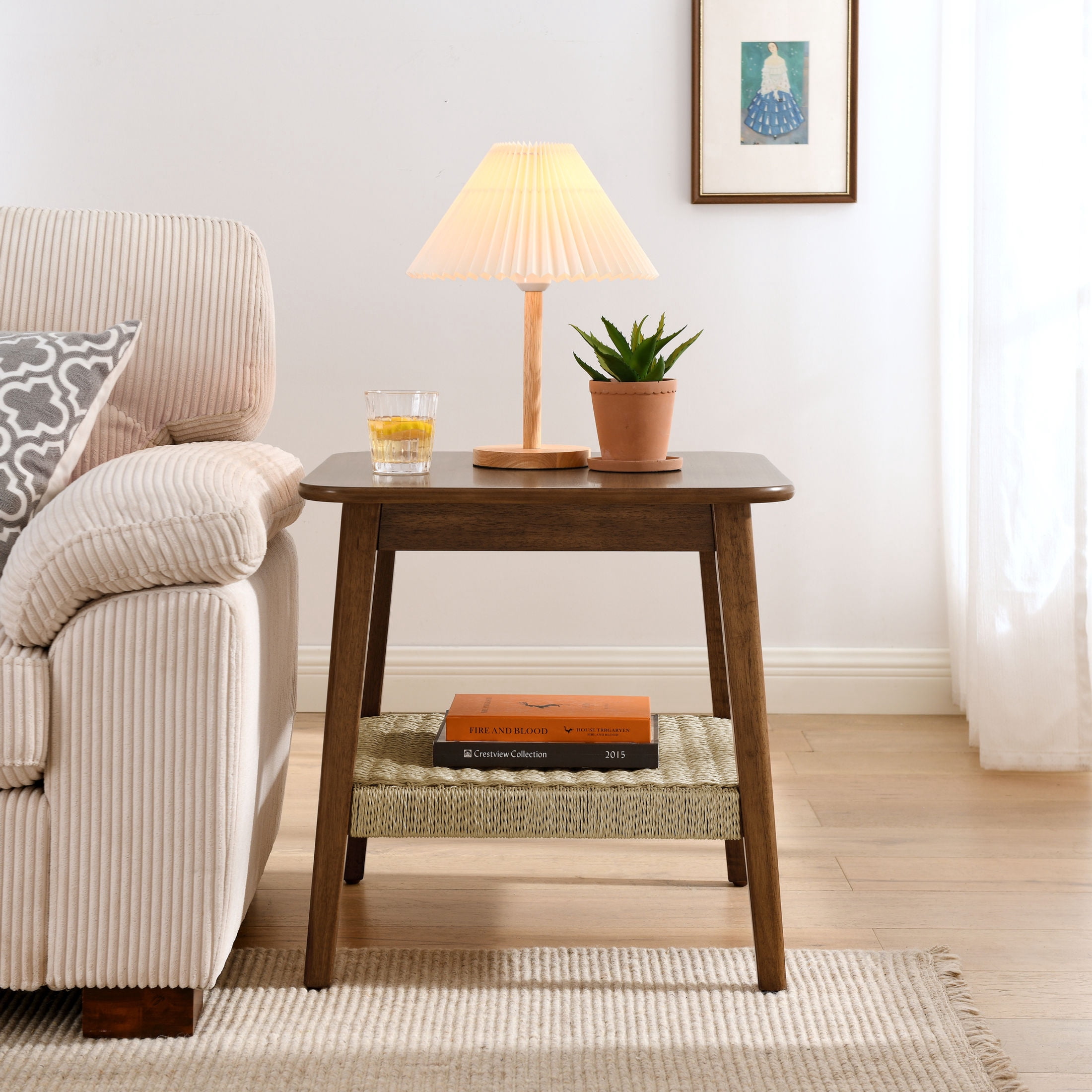 GDF Studio 23" Mid-Century Modern Side Table with Woven Storage Shelf, Solid Wood, Dark Walnut