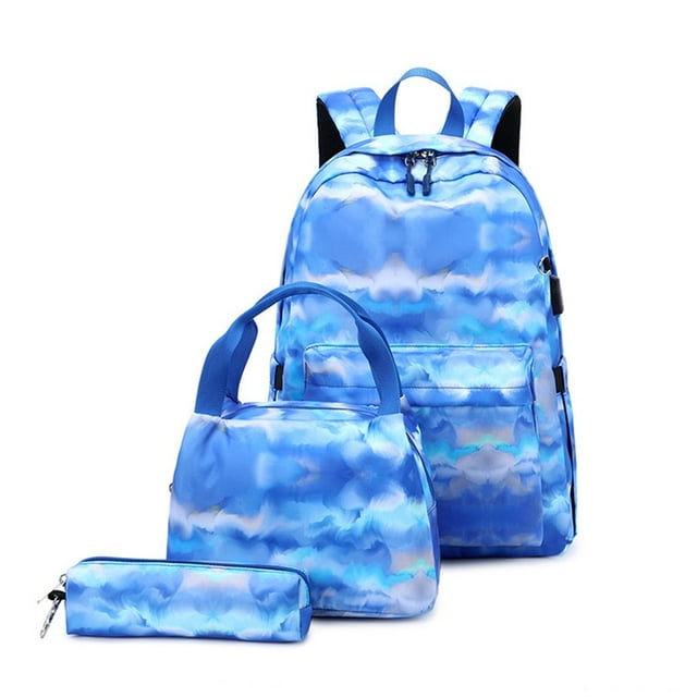 3Pcs/Set Student Backpack Ink Print Charging Port Smooth Zipper Backpack Lunch Bag Pencil Bag for Secondary School Student