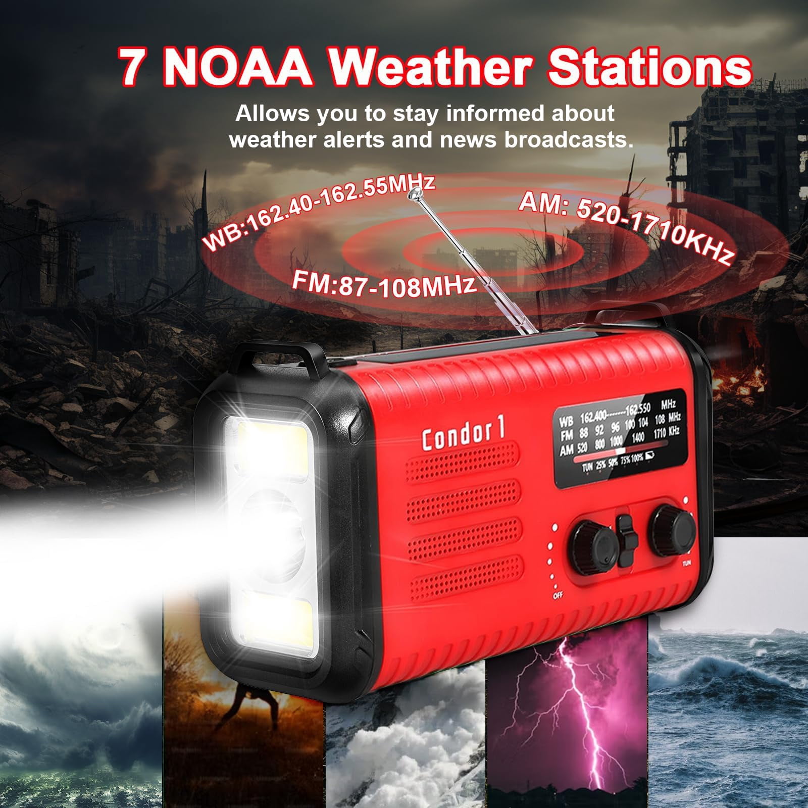 20000mah / 74000mwh Emergency Radio  Solar Hand Crank Am/fm/noaa Weather With Cell Phone Sos Alarm Flashlight & Reading Lamp (red)